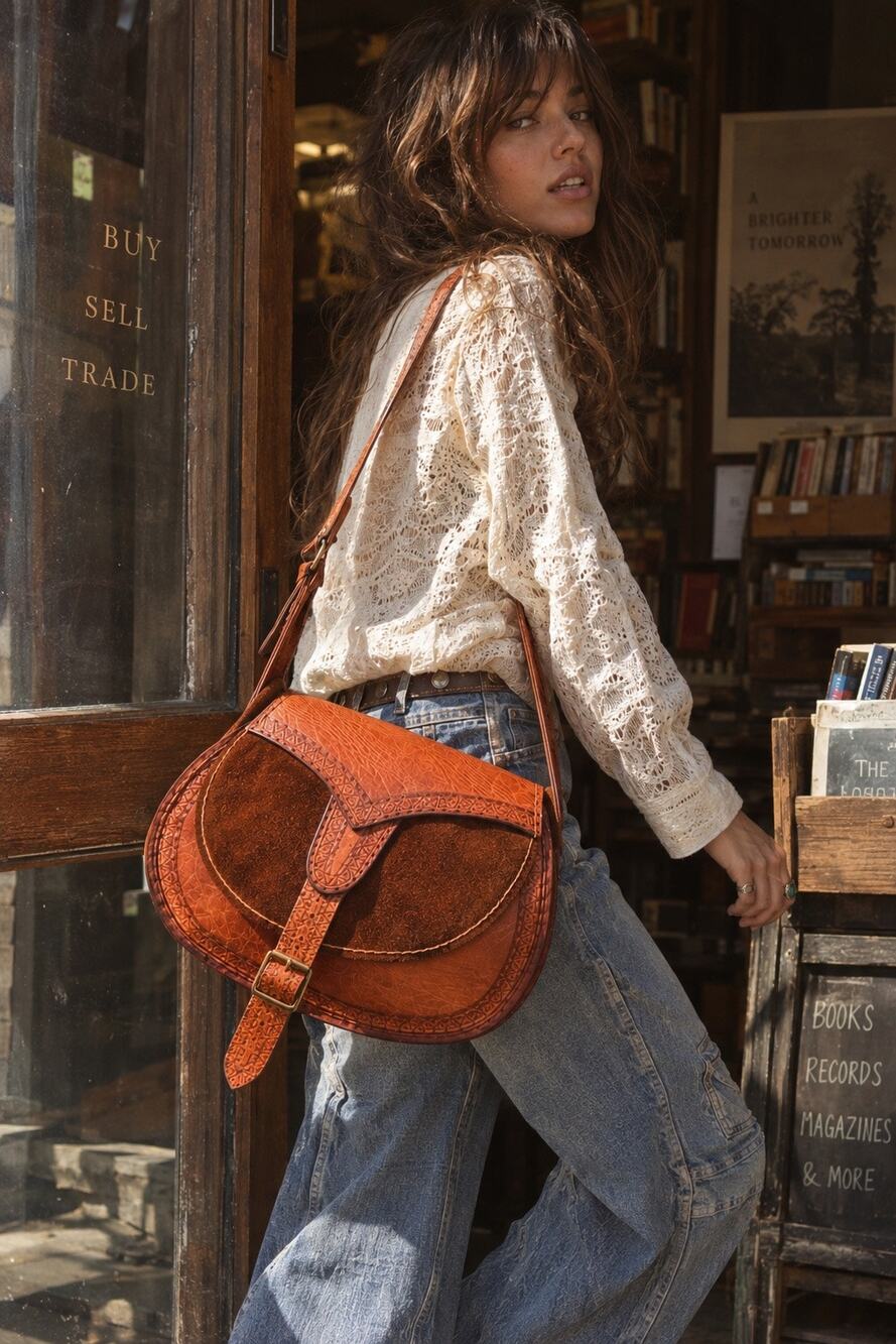 Vintage 70s Tooled Leather Suede Saddle Bag Western Crossbody Purse
